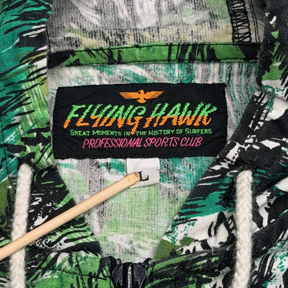 Vtg 80s Surf Jacket Mens L Green Tropical Palm Leaf Print Full Zip Japanese Hood